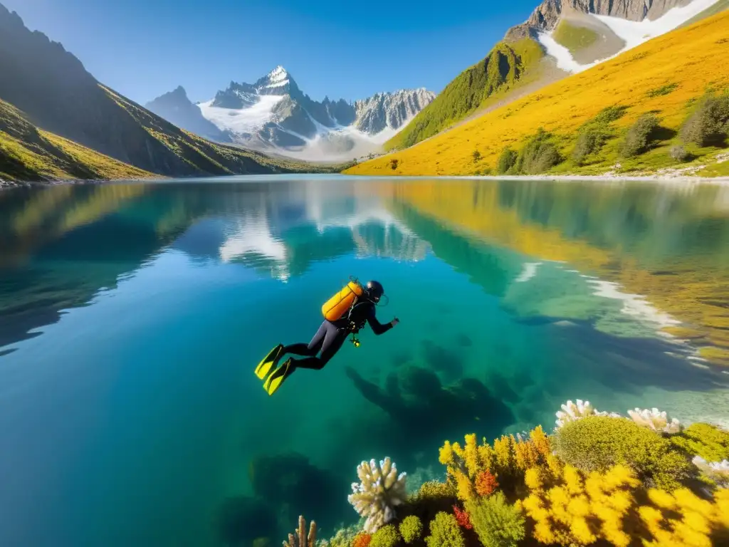 Exploración bajo el agua en un lago de alta altitud, rodeado de montañas nevadas