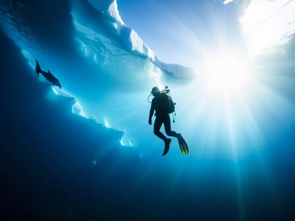 Exploración bajo aguas heladas árticas: Un buceador explora el mundo submarino de la Antártida, rodeado de vida marina y formaciones de hielo majestuosas, creando una atmósfera de asombro y maravilla