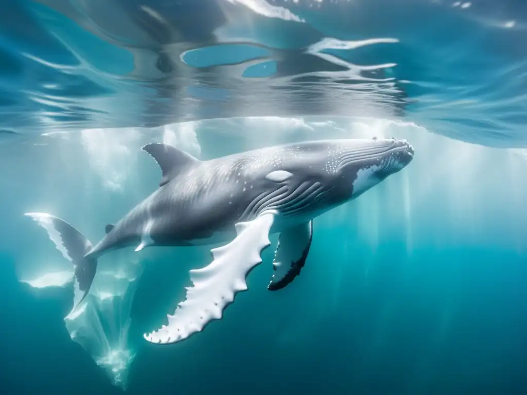 Exploración bajo aguas heladas árticas: Majestuosa ballena jorobada nadando entre formaciones de hielo cristalino, bajo la luz del sol