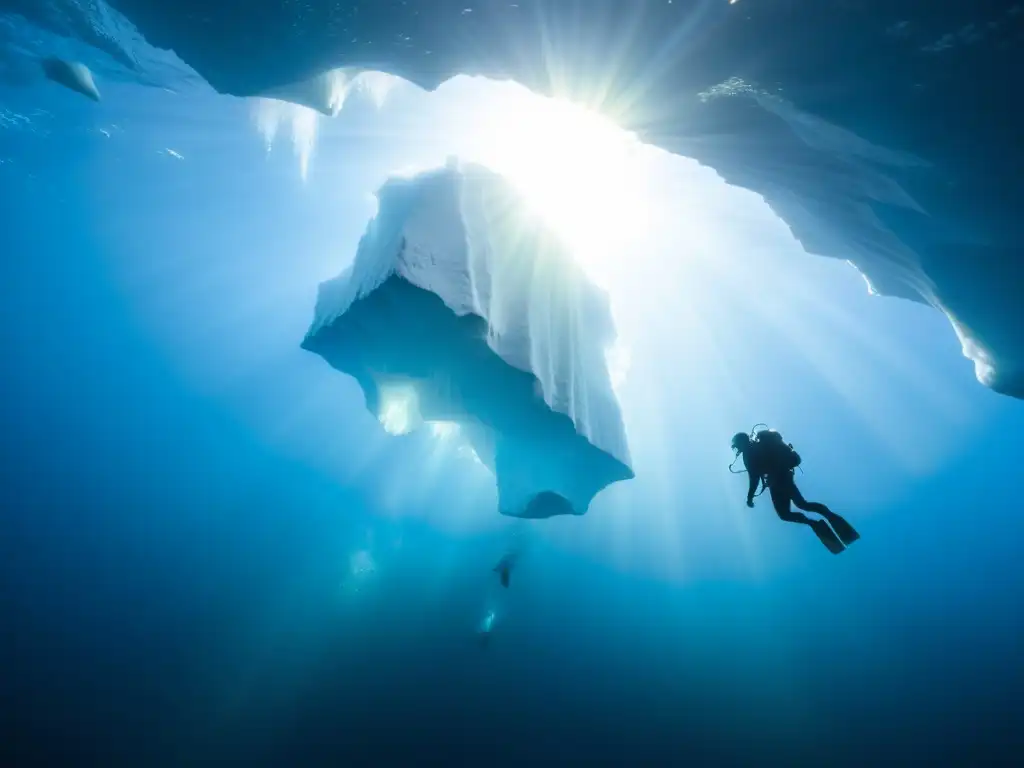 Exploración bajo aguas heladas árticas: Un buzo nada junto a un majestuoso iceberg en aguas cristalinas, iluminado por la luz solar filtrada