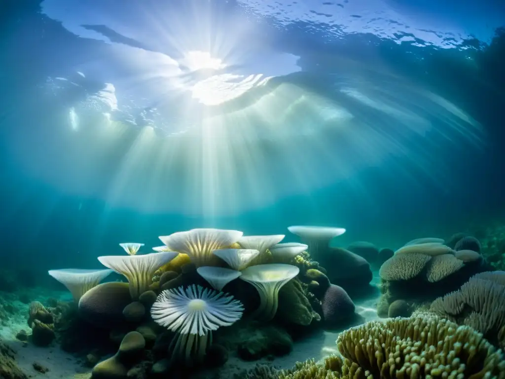 Exploración bajo aguas heladas árticas: impresionante paisaje submarino con formaciones de hielo, vida marina colorida y patrones de luz