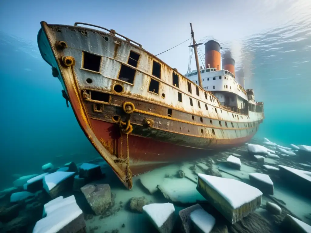 Exploración bajo aguas heladas árticas: un impresionante naufragio cubierto de hielo en el lecho marino, rodeado de un paisaje etéreo y misterioso