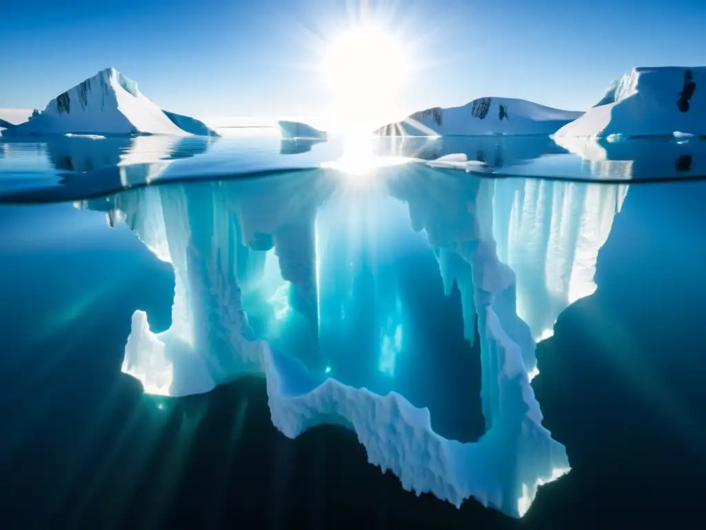 Exploración bajo aguas heladas árticas: vista subacuática de un paisaje de hielo fascinante y etéreo, con patrones naturales y luz azul hipnotizante