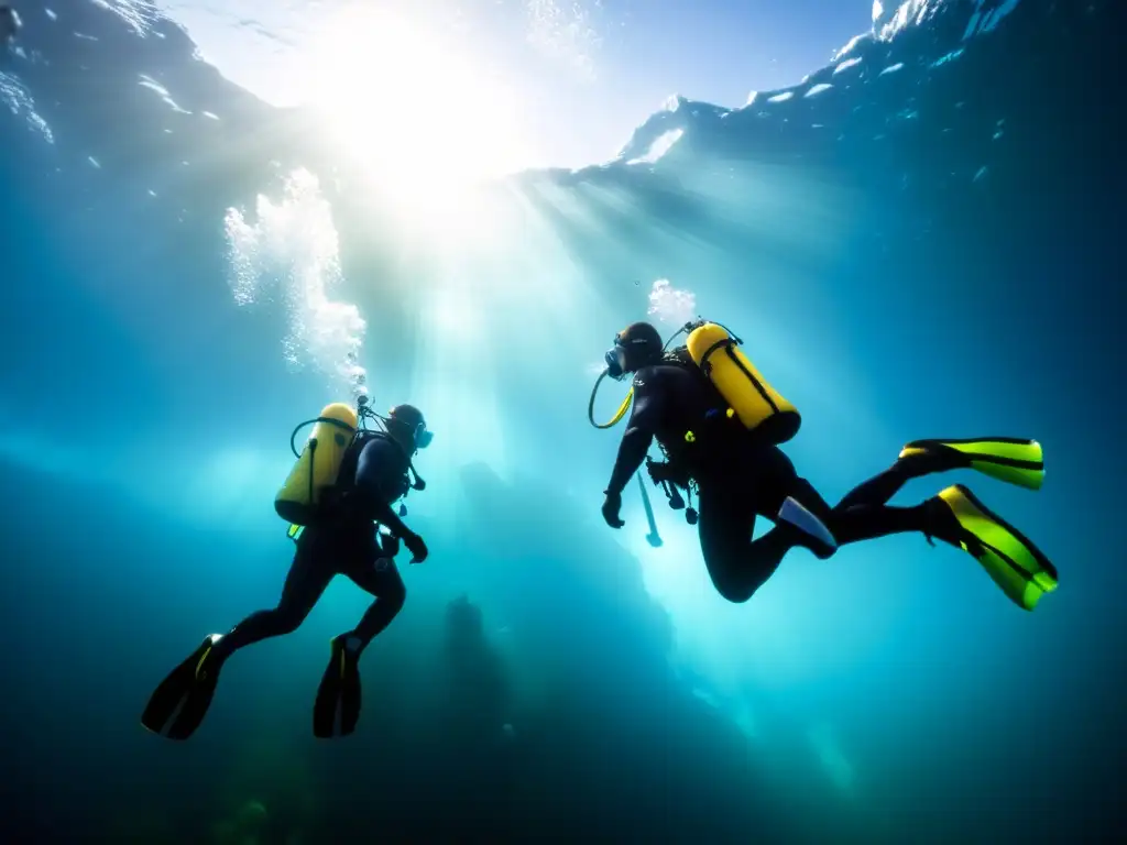 Exploración bajo aguas heladas árticas: Buzos exploran el surreal paisaje submarino del Ártico, iluminado por la luz filtrada y lleno de vida marina