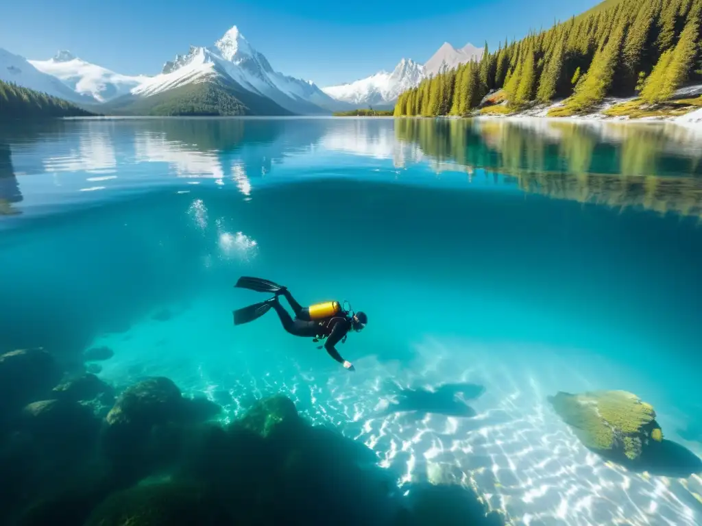 Exploración en altitud: buceo en el misterioso lago de montaña, con árboles sumergidos y peces coloridos