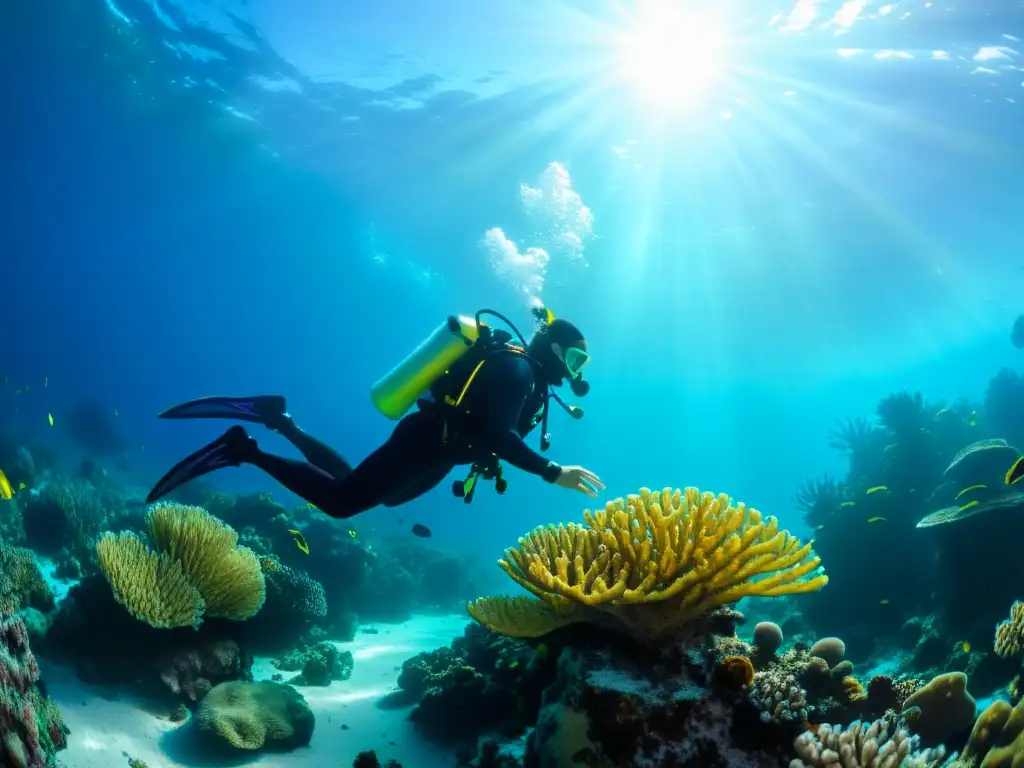 Exploración de arrecife de coral con integración de GPS en buceo, colores vibrantes y detalles de equipo avanzado