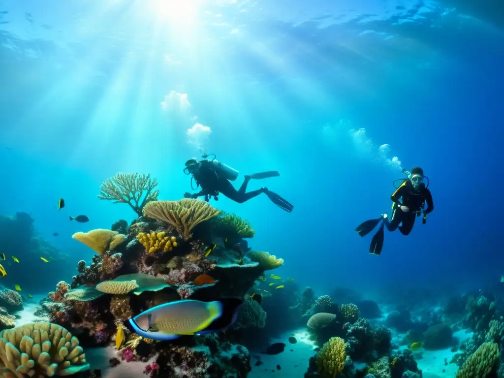 Exploración de un arrecife de coral vibrante con buzos rodeados de vida marina colorida