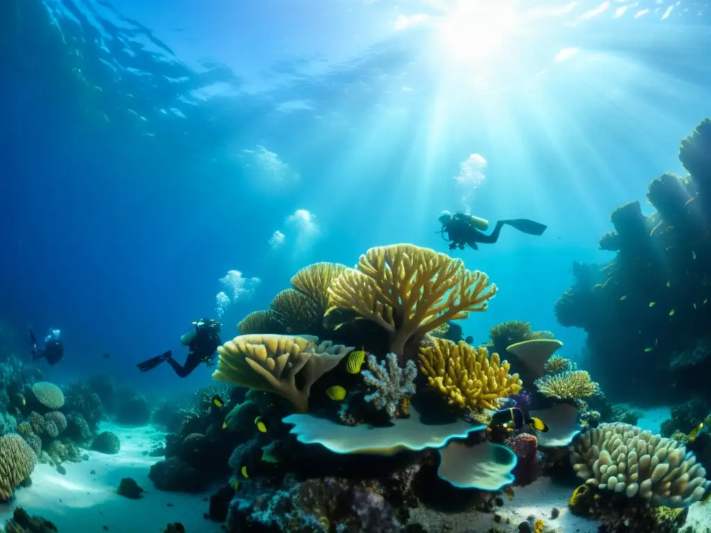 Exploración de un arrecife de coral vibrante por buceadores con configuración modular equipos buceo, en un mar de colores y vida marina