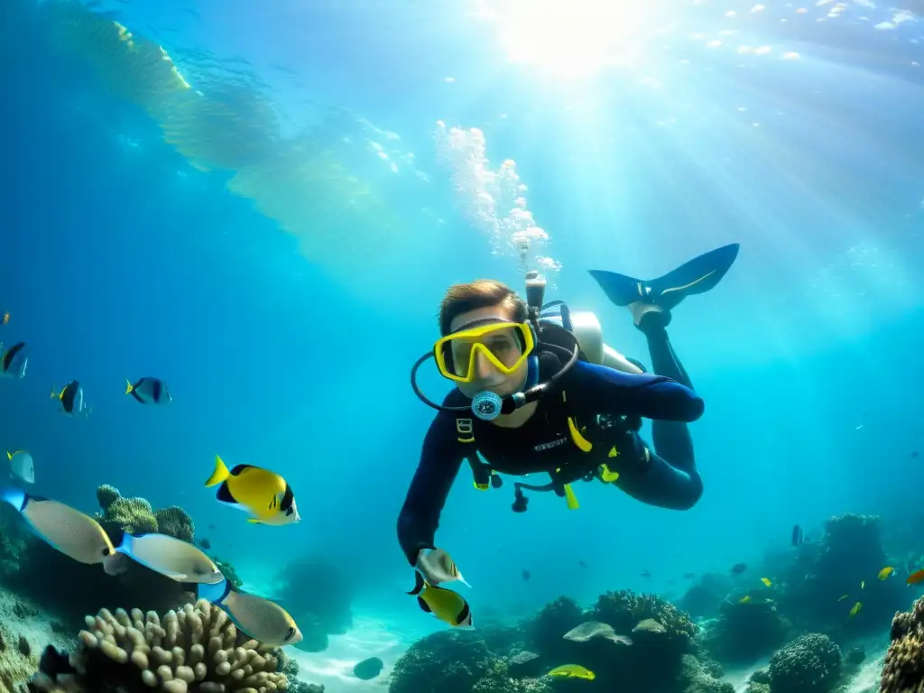 Exploración asombrosa del océano con máscaras de buceo con prescripción, rodeado de peces tropicales en arrecife de coral