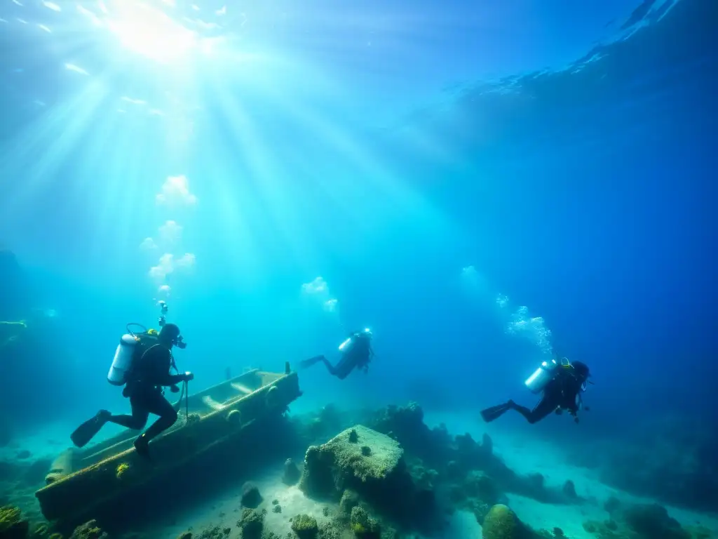 Exploración de un barco antiguo hundido con tecnología de buceo avanzada, revelando la evolución del buceo en arqueología