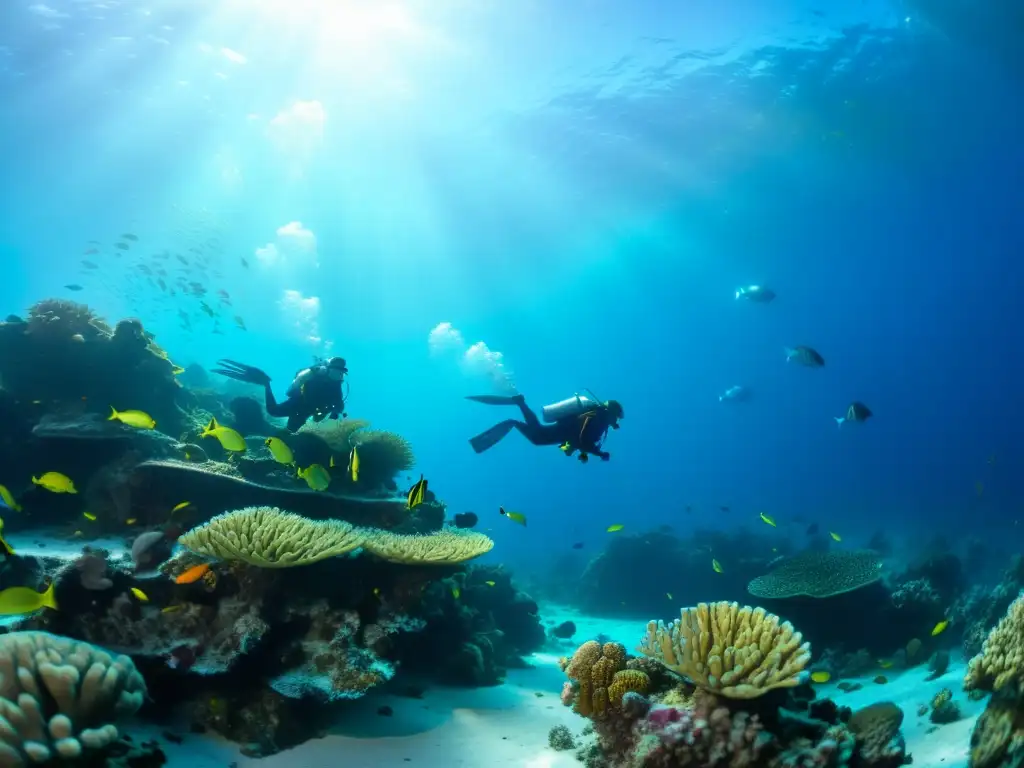 Exploración de buceadores en arrecife de coral, rodeados de vida marina en aguas cristalinas