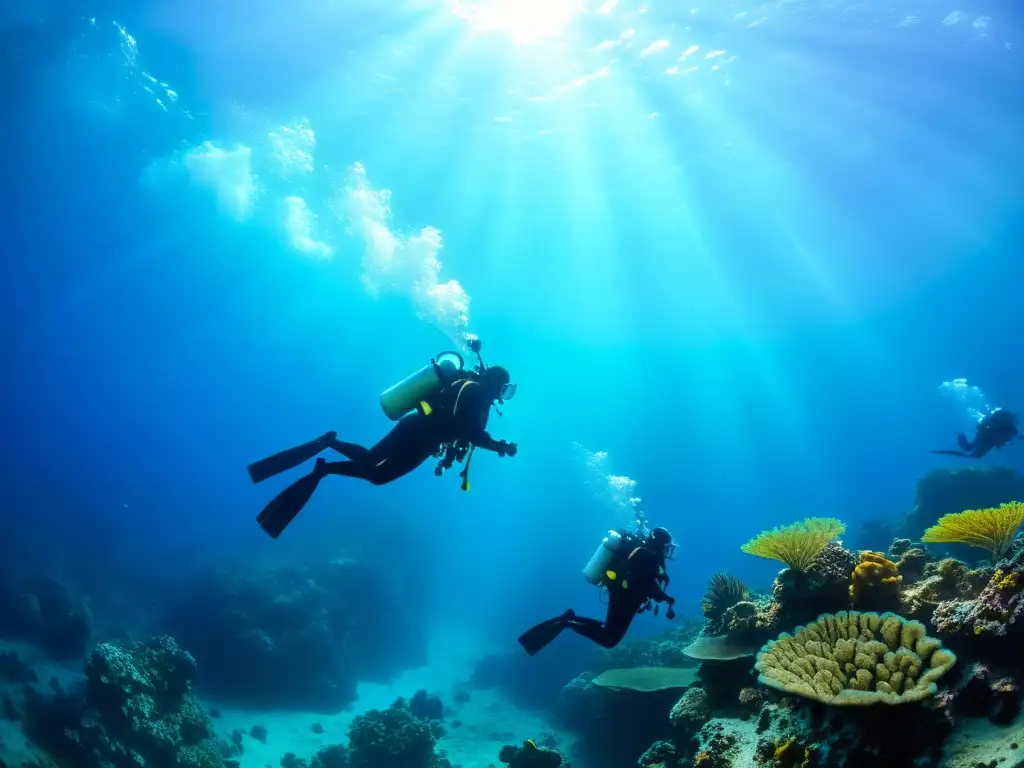 Exploración de coral en buceo técnico profundo, con buzos descendiendo entre vida marina vibrante y rayos de sol