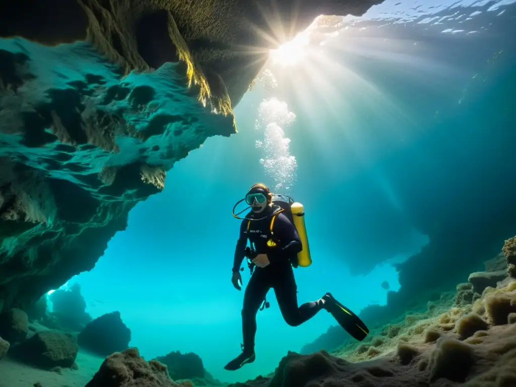 Exploración en cueva subacuática con trajes de buceo aguas extremadamente frías, iluminada por luz natural