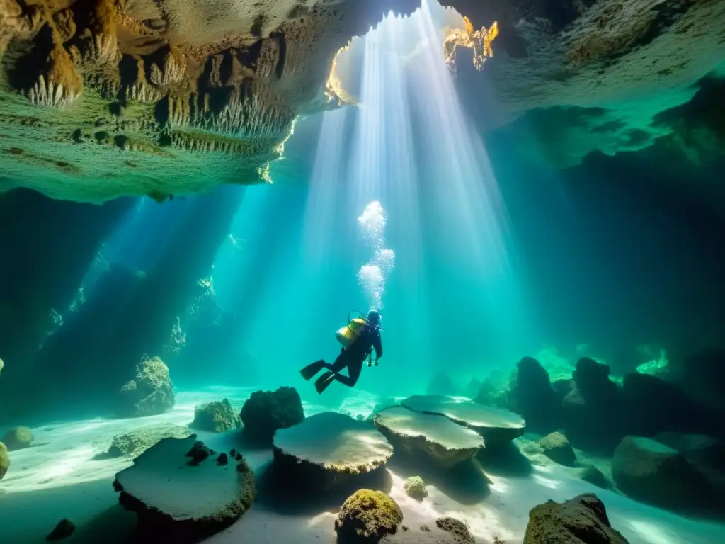 Exploración de cuevas subacuáticas iluminadas por la luz solar, con estalactitas y estalagmitas