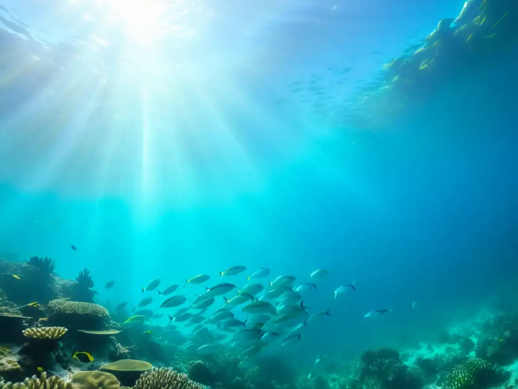 Exploración de drones subacuáticos captura la belleza de un arrecife de coral con peces iridiscentes en un mar turquesa