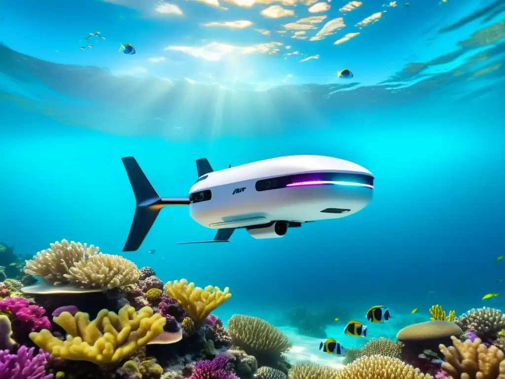 Exploración de drones subacuáticos en el océano: un drone futurista se desliza entre peces y arrecifes de coral, iluminando el mar con sus luces LED