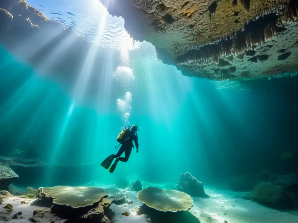 Exploración fascinante del cenote subacuático con formaciones rocosas detalladas y buceador iluminando con linterna