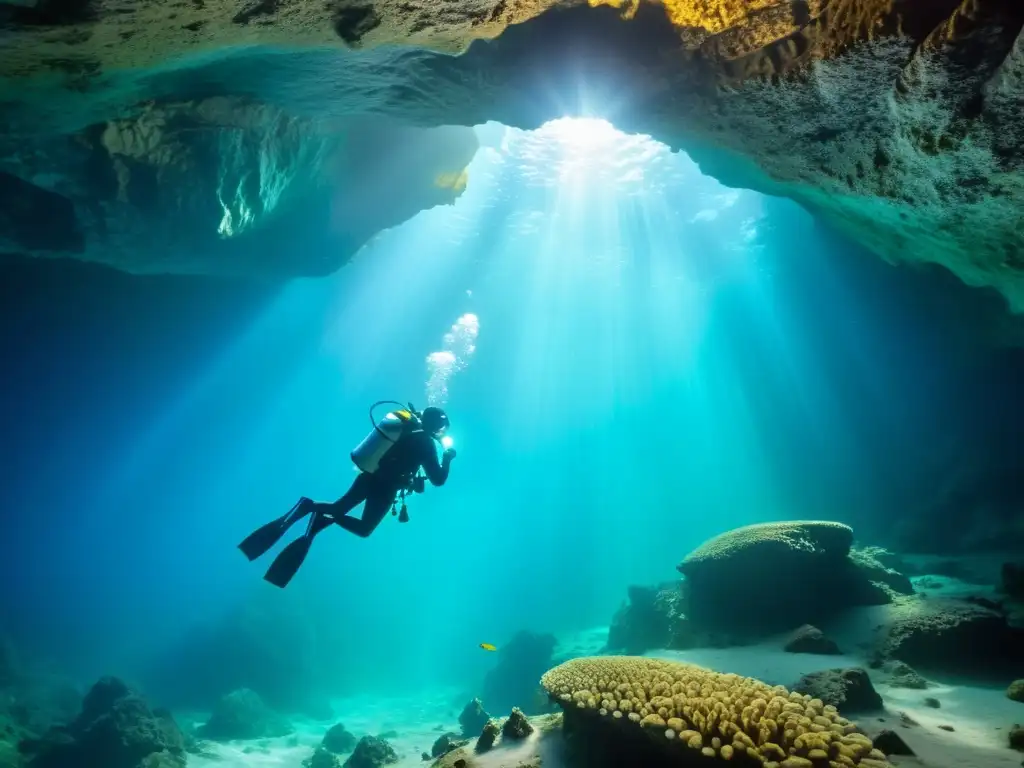 Exploración fascinante en cuevas subacuáticas, donde la luz revela maravillas ocultas y la vida marina deslumbra en este mundo escondido