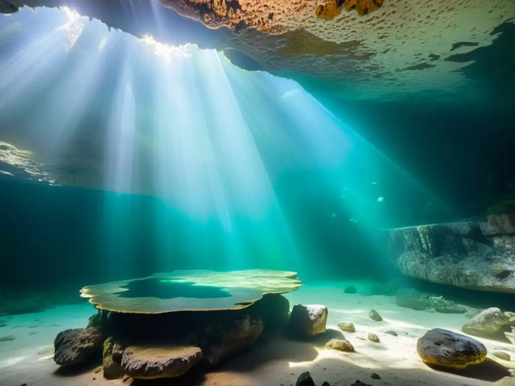 Exploración de hallazgos arqueológicos en cuevas subacuáticas: tesoro antiguo iluminado por la luz del sol en el cenote