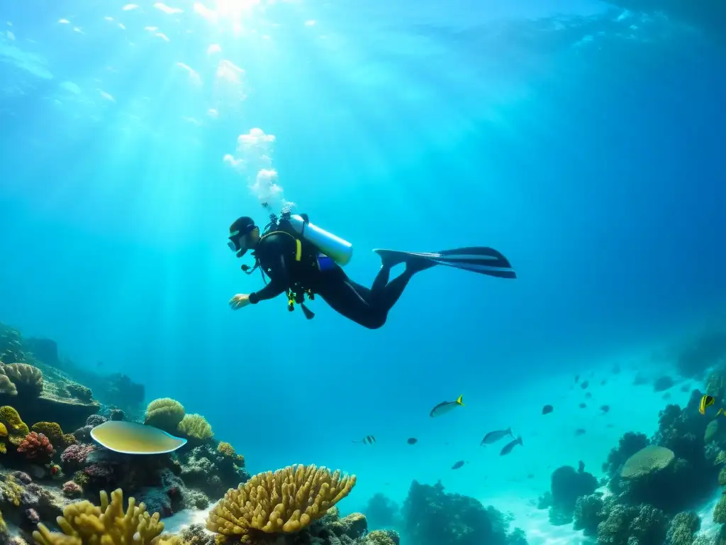 Exploración en el mar: buceador rodeado de arrecifes y peces, con la luz del sol filtrándose