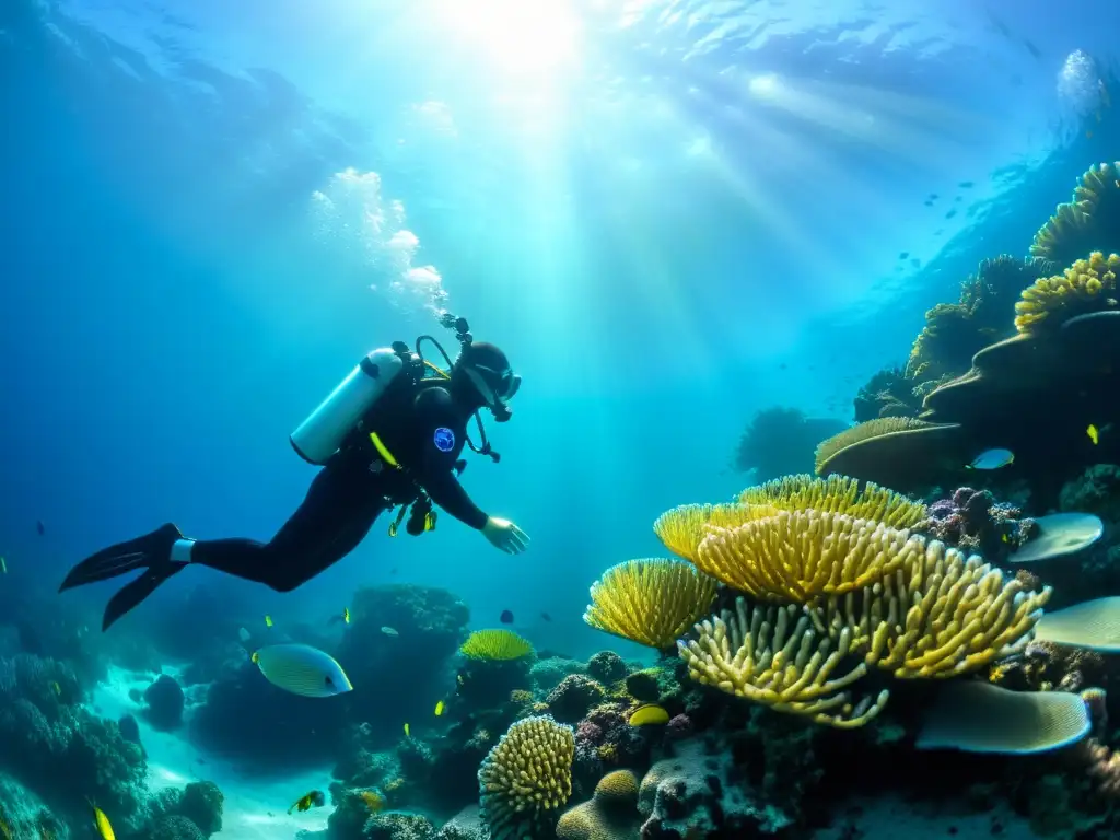 Exploración bajo el mar con buceo técnico en vida marina, rodeado de coloridos arrecifes de coral y vida marina exótica