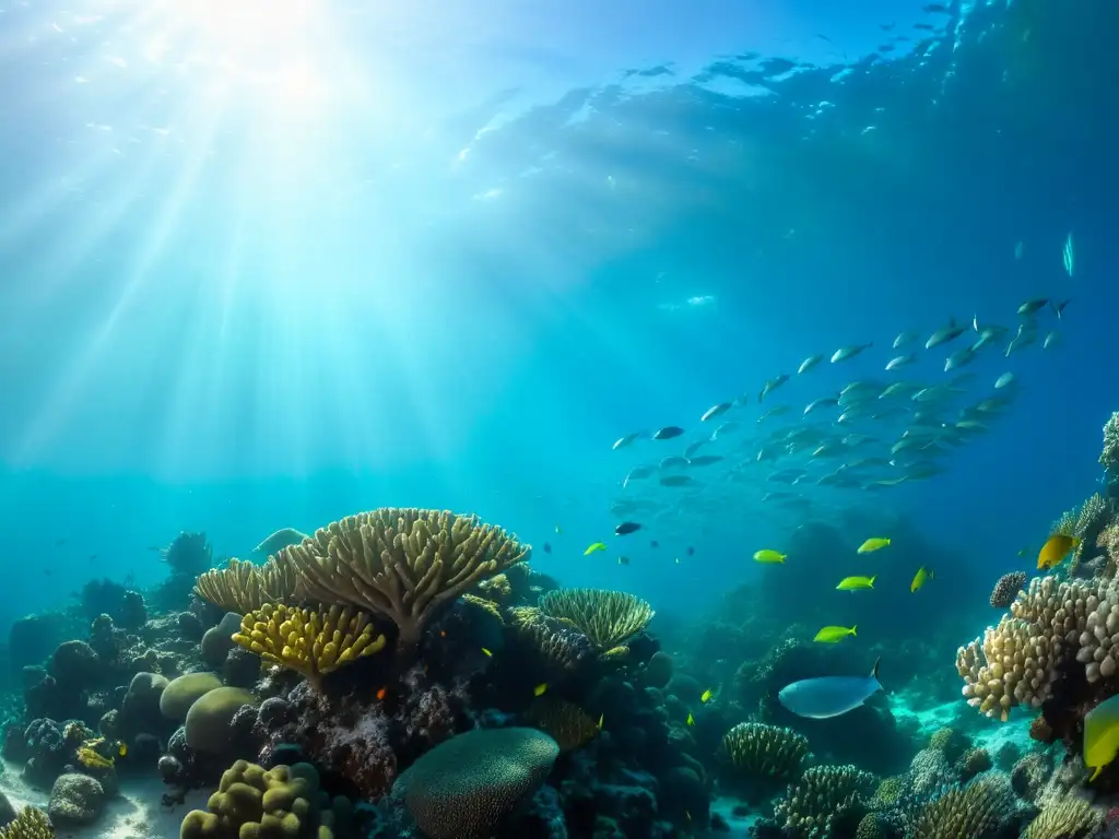 Exploración del Mar de Cortés: vida marina vibrante en un arrecife de coral, con peces coloridos, tortugas marinas y cardúmenes de sardinas