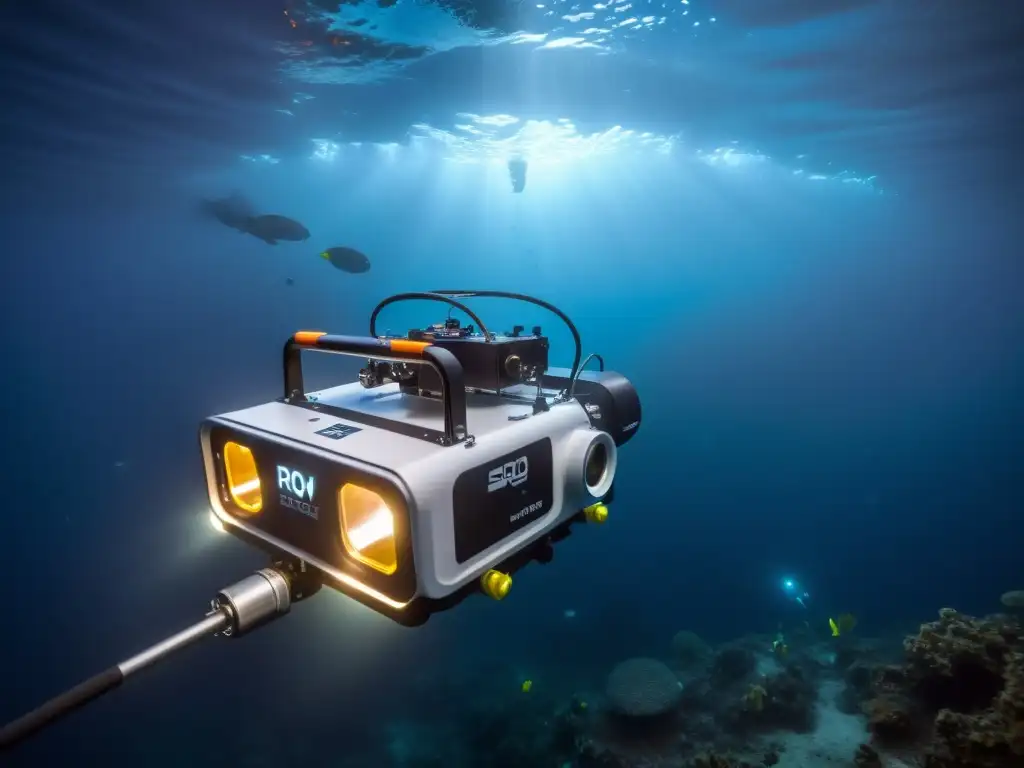 Exploración de vida marina: ROV de última generación en las profundidades abisales, revelando la belleza bioluminiscente del océano