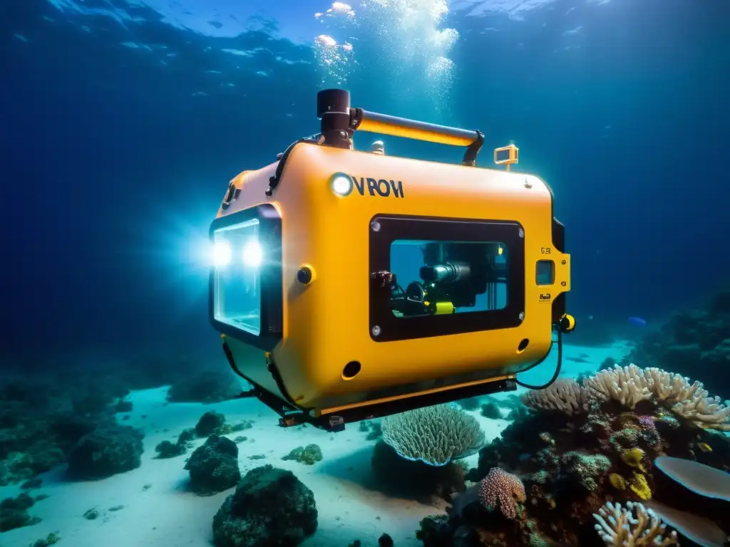 Exploración de vida marina: ROV iluminando el vibrante mundo submarino con luces potentes en aguas cristalinas