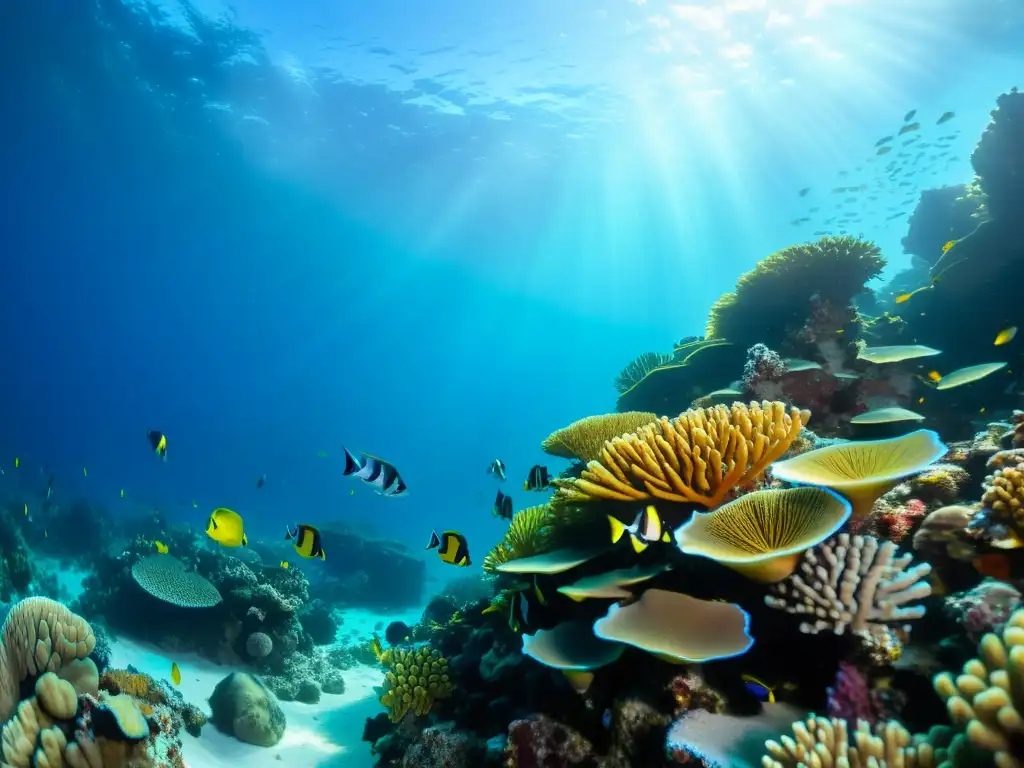 Exploración en el océano: un asombroso paisaje submarino con arrecifes de coral vibrantes y peces coloridos, iluminado por la luz natural