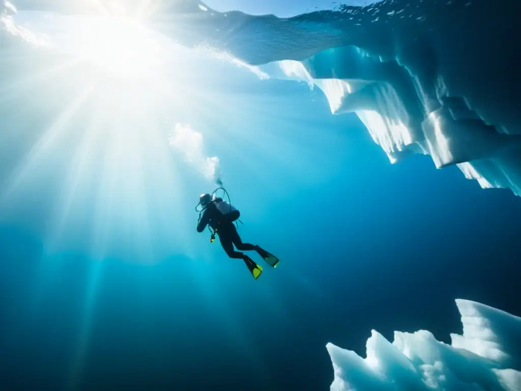 Exploración polar: buceador junto a iceberg con equipos de buceo para expediciones polares