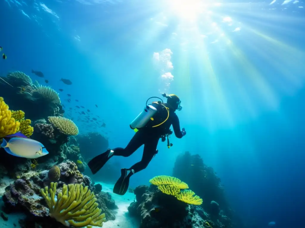 Exploración profunda del océano: buceador rodeado de arrecifes y peces tropicales, destacando la necesidad de protección auditiva para buceo profundo