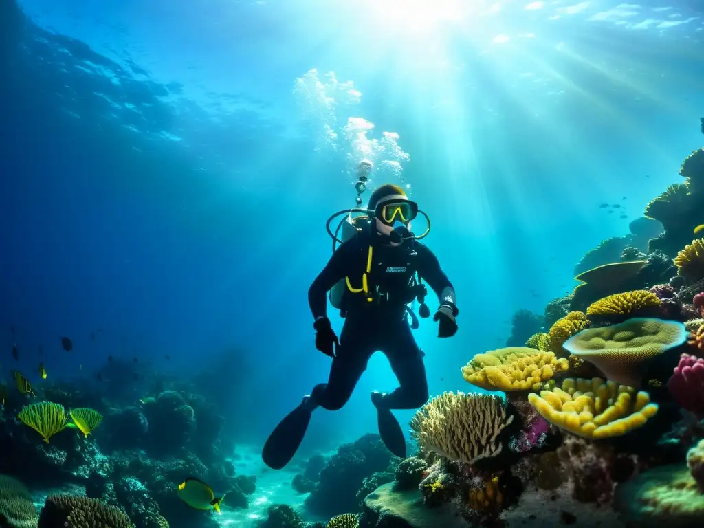 Exploración en la profundidad marina: buceador entre corales y vida marina