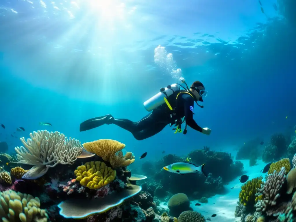 Exploración segura en un arrecife de coral: Un buzo rodeado de vida marina colorida en un mundo submarino impresionante