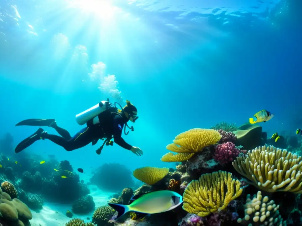 Exploración segura de un arrecife de coral: un buzo disfruta del colorido mundo submarino rodeado de vida marina