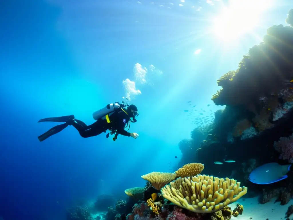 Exploración segura de un arrecife de coral, resaltando la importancia de la educación continua para la prevención de accidentes en el buceo