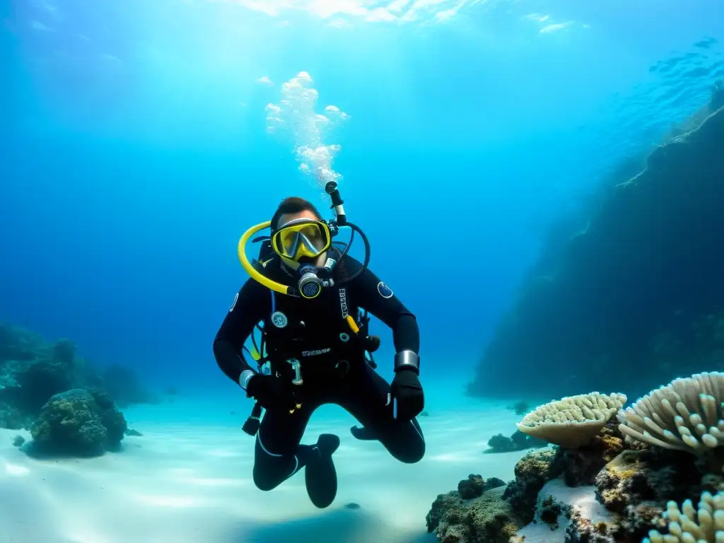 Exploración serena con sistemas de rebreather para inmersiones prolongadas en aguas cristalinas, rodeado de vida marina vibrante