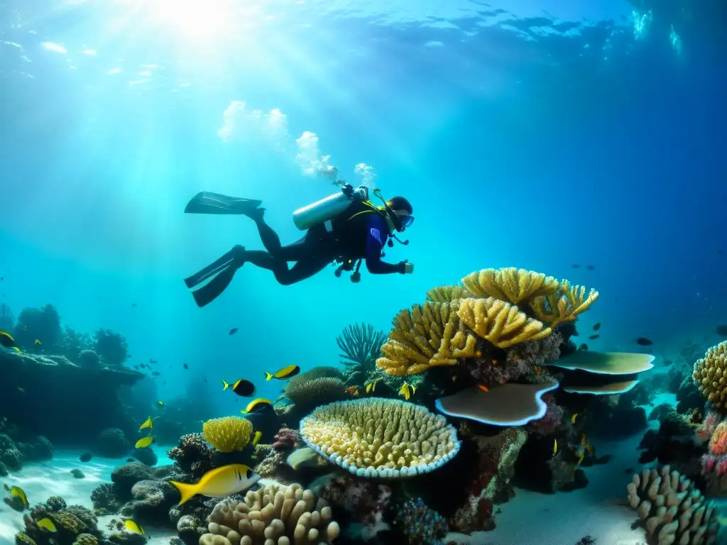 Exploración subacuática en arrecife de coral con vida marina vibrante y cristalina