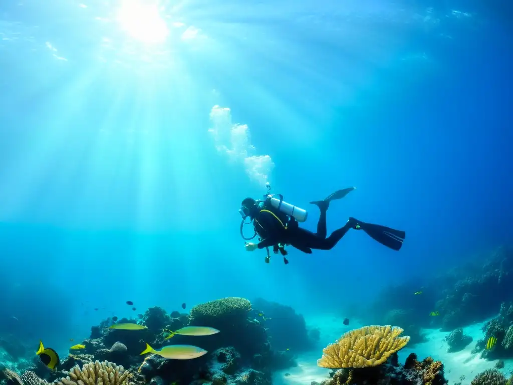 Exploración subacuática de buzos en arrecife de coral, con luz solar filtrándose en el agua azul, resaltando la vida marina