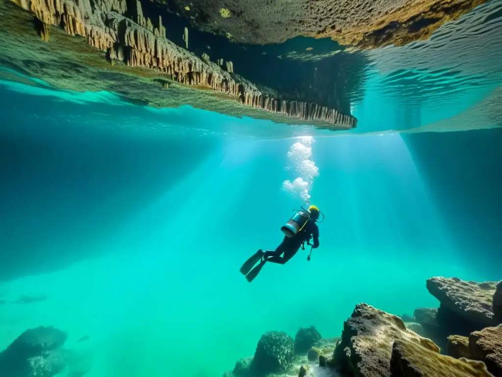 Exploración subacuática en cenote: agua turquesa cristalina rodeada de formaciones rocosas antiguas, con un buceador en la distancia