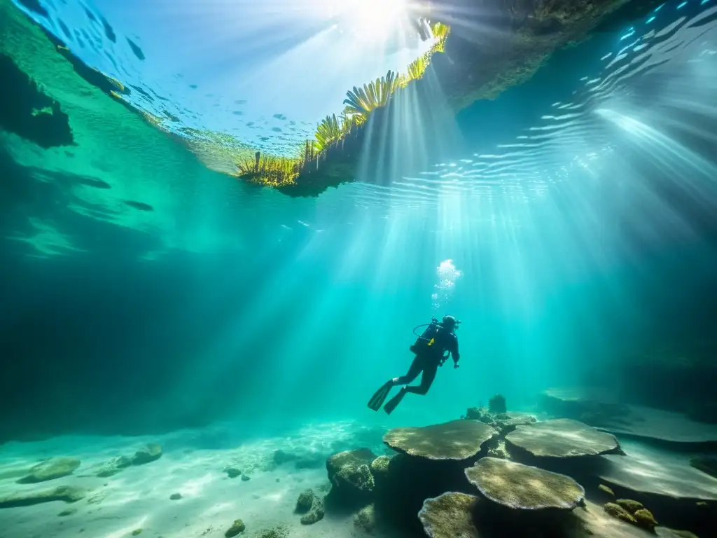 Exploración subacuática en cenote: Fotografía cavernas cenotes subacuáticos, aguas turquesa y formaciones de roca