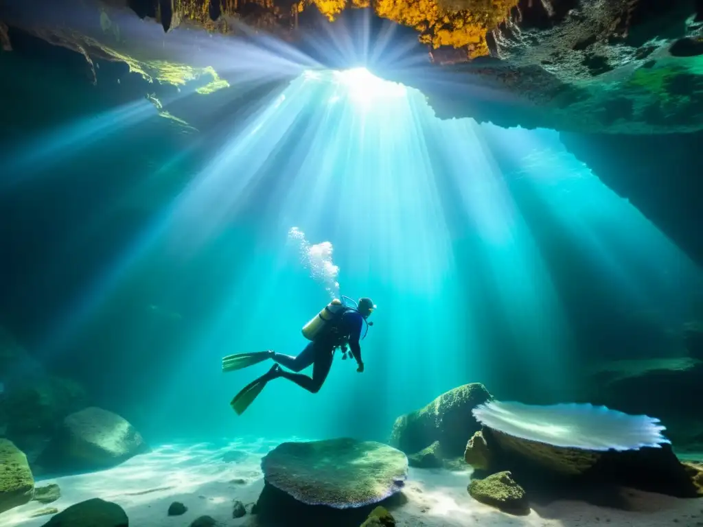 Exploración subacuática en un cenote cristalino, con formaciones rocosas impresionantes y vida acuática vibrante