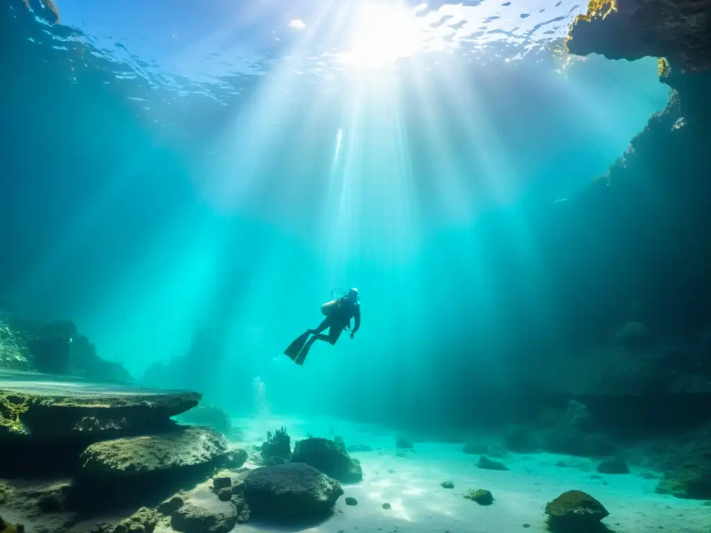 Exploración subacuática en cenote: impresionante imagen de un buceador en un paisaje de cuevas, con aguas turquesas cristalinas y rayos de luz