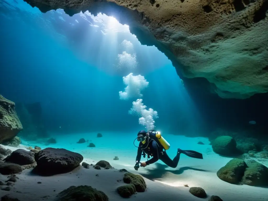 Exploración subacuática en una cueva con equipamiento de fotografía especializado, capturando la belleza y desafíos del buceo en cuevas