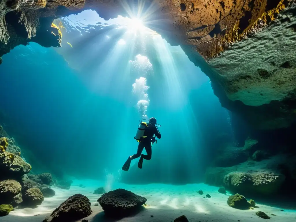 Exploración subacuática en una cueva iluminada por la luz del sol, equipamiento fotografía buceo cuevas