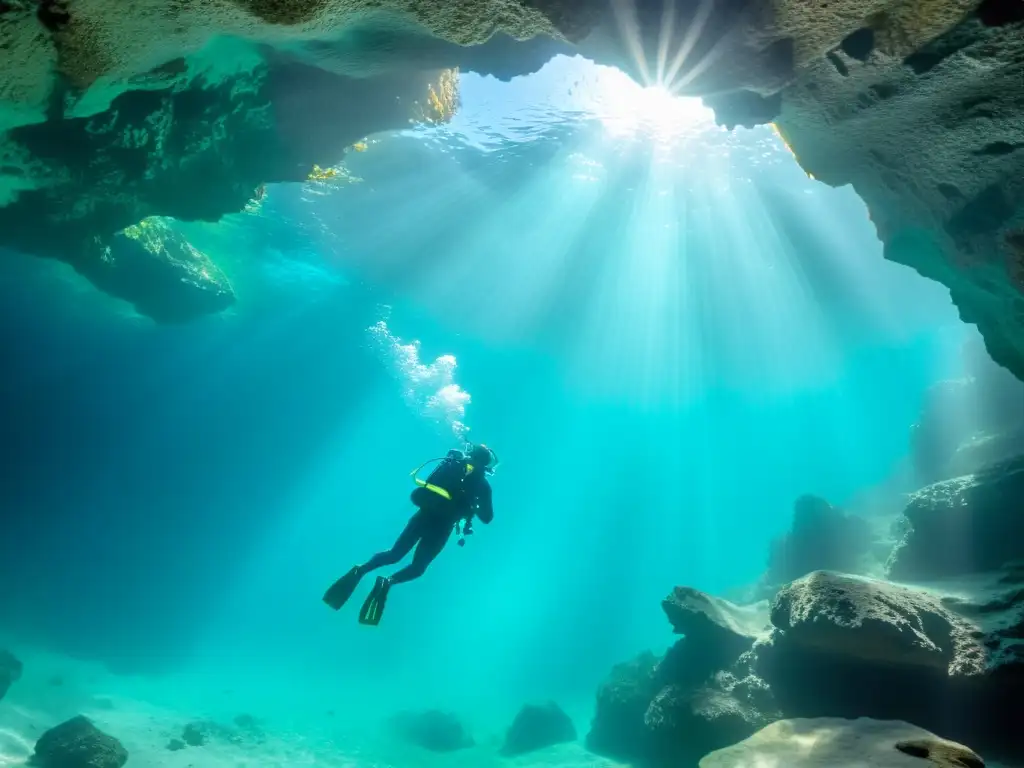 Exploración subacuática en una cueva de la Riviera Maya con equipo de fotografía de buceo