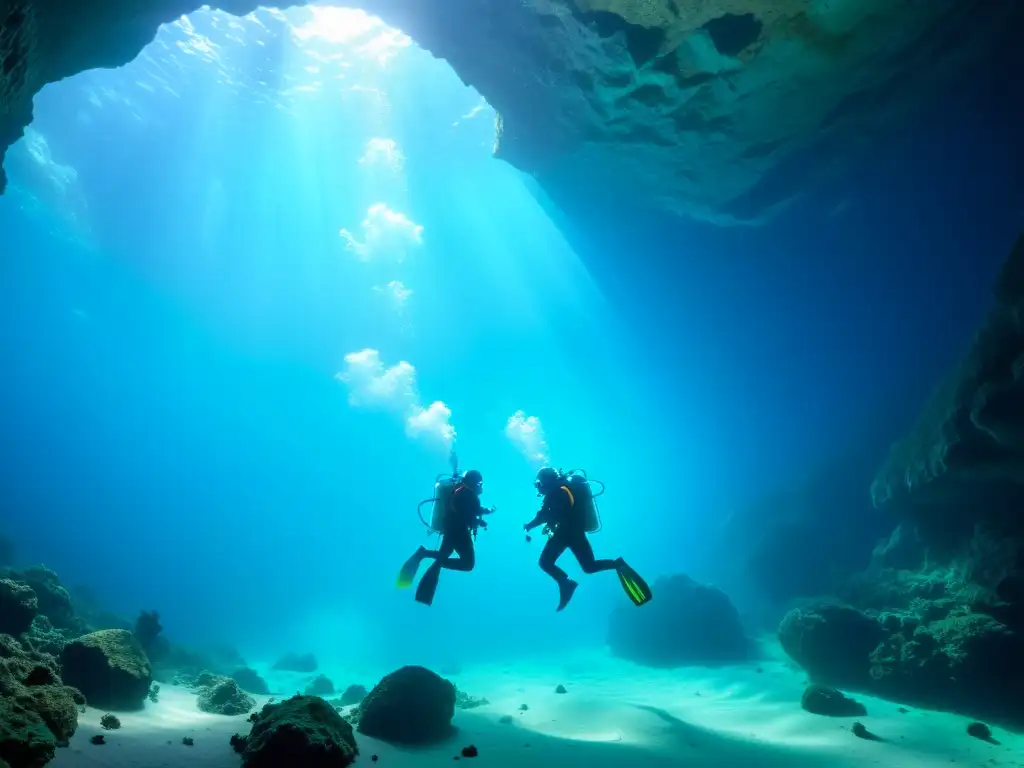 Exploración subacuática en una cueva profunda, buceo técnico y científico en el mar