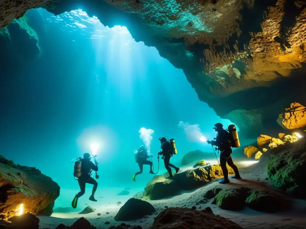 Exploración subacuática con equipo especializado en cuevas, iluminados por luces submarinas, capturando la esencia del equipamiento para exploración de cuevas subacuáticas