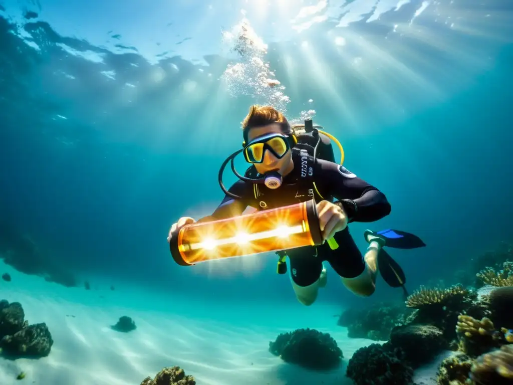 Exploración subacuática con una de las mejores linternas subacuáticas de alto rendimiento, iluminando un vibrante mundo marino