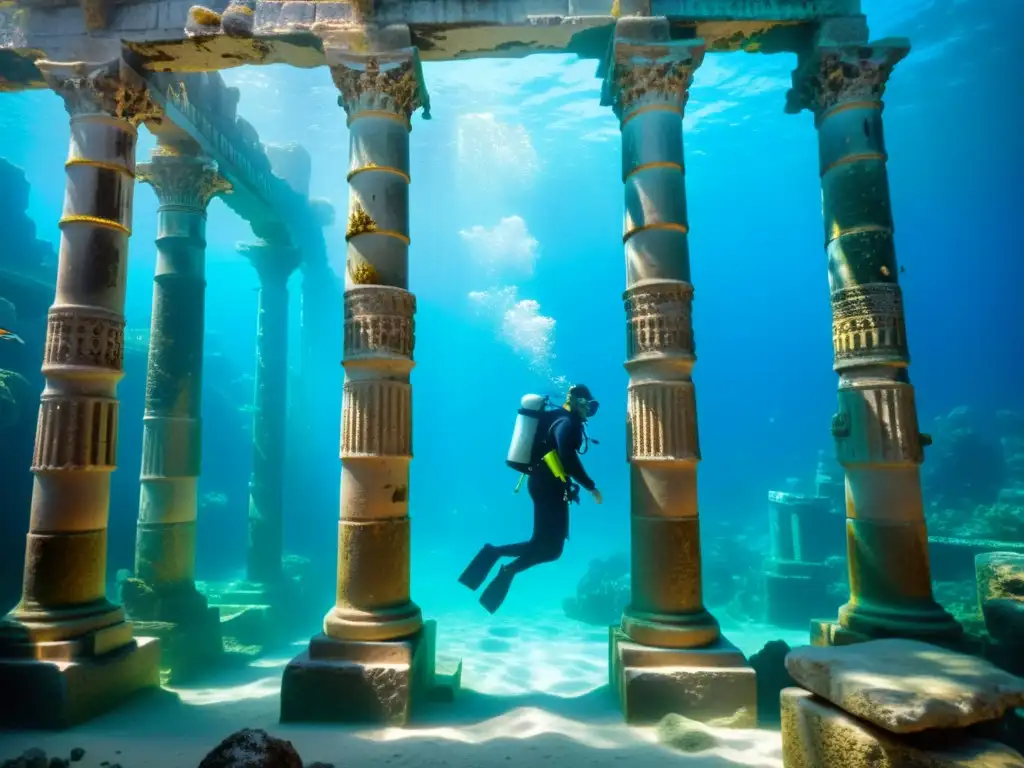 Exploración subacuática de ruinas mediterráneas, con columnas y estatuas cubiertas de coral, rodeadas de peces