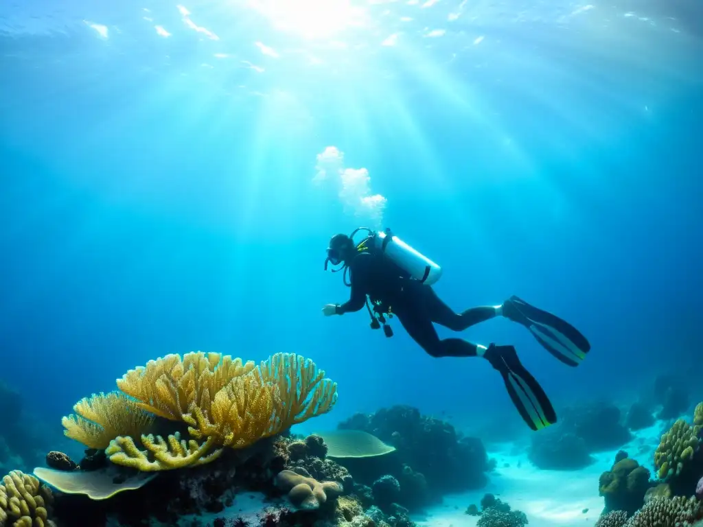 Exploración tranquila de un arrecife de coral vibrante por un buceador, evocando serenidad y calma en el manejo de la ansiedad en buceo